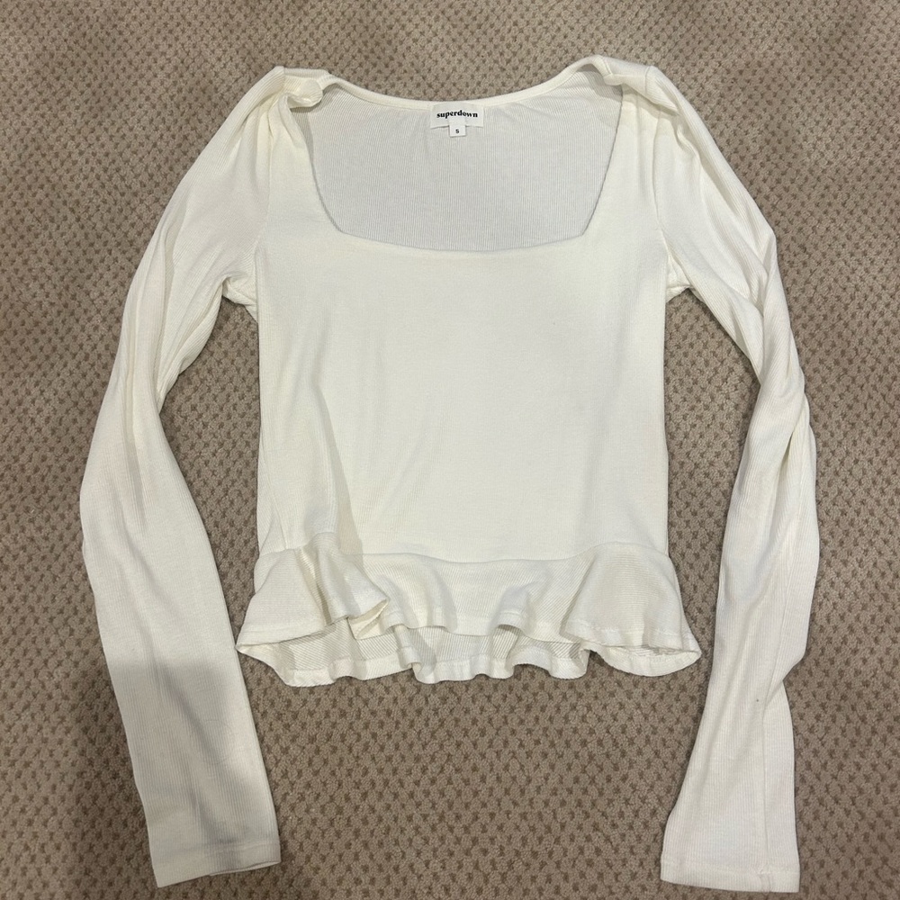 Superdown White Fitted Ruffled Long Sleeve Blouse